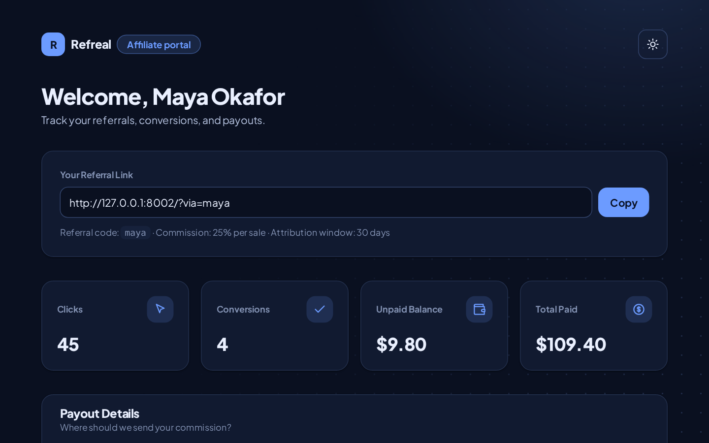 Refreal affiliate portal with referral link, stats and payout details (dark mode)
