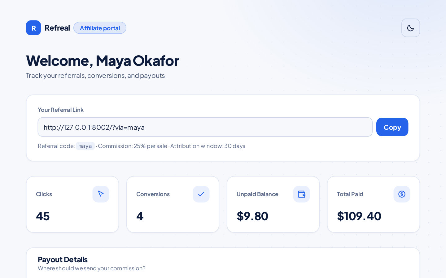 Refreal affiliate portal with referral link, stats and payout details (light mode)